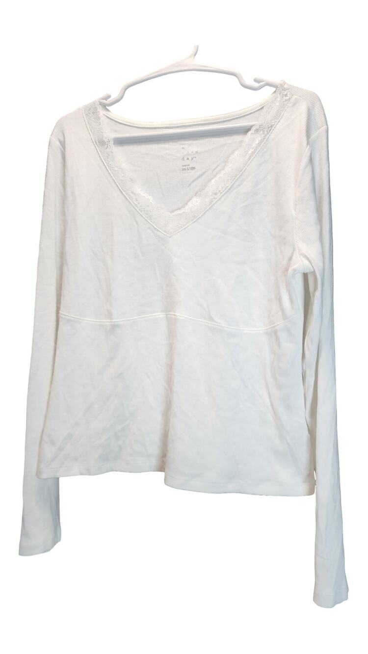 NWT A New Day Women's Lace Trim V-Neck Ribbed Top Size Large White Long Sleeve